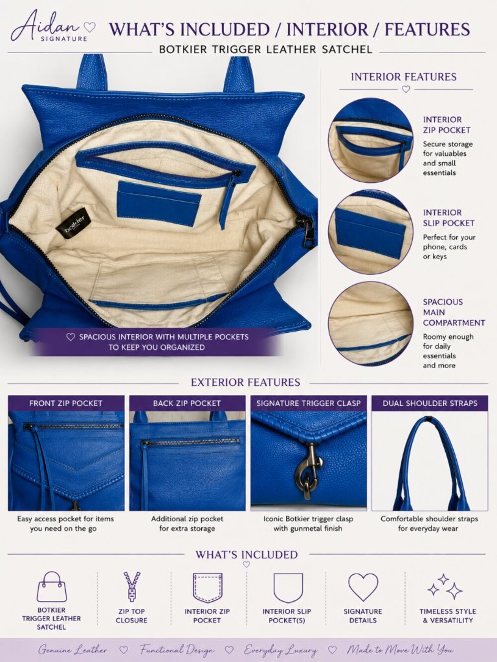 Botkier Trigger Satchel Cobalt Blue Genuine Leather Shoulder Bag - Picture 2 of 6